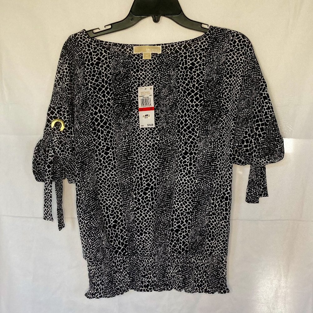 MICHAEL Micheal Kors Women's Animal Print Black and White Tie-Sleeve Top NWT